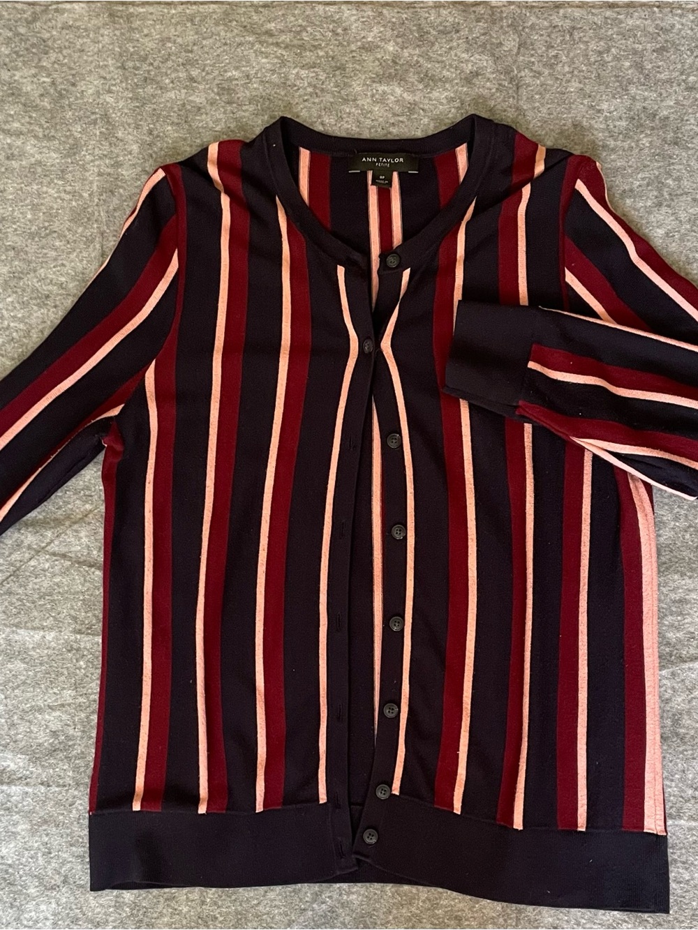 Ann Taylor Navy, Burgundy & Blush Striped Button-Front Top